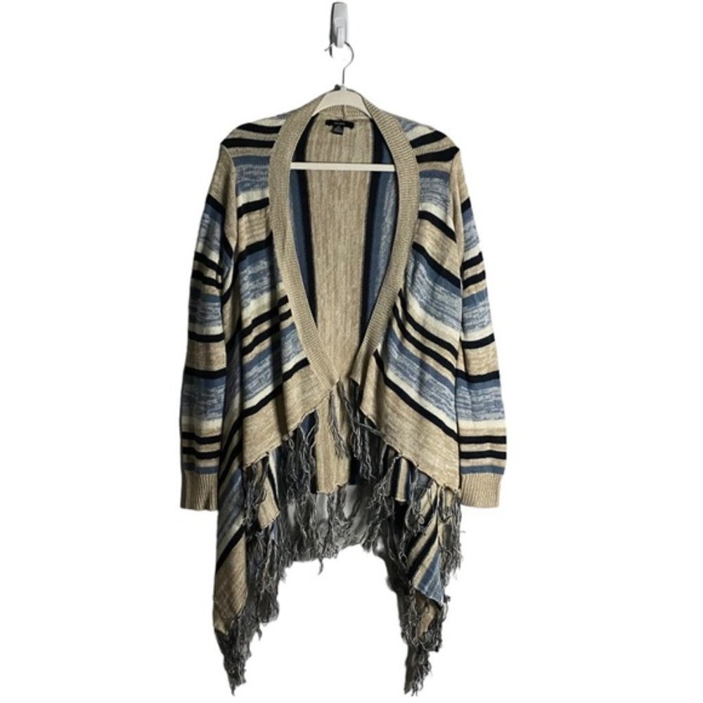 Majora Women's Tan/Blue Striped Open Front Fringed Knit Cardigan